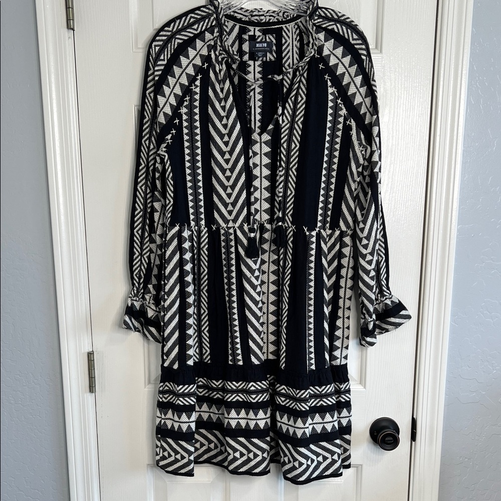 Maeve Anthropologie Black & White Aztec Print Dominique Popover Dress Pockets XS - Picture 3 of 12